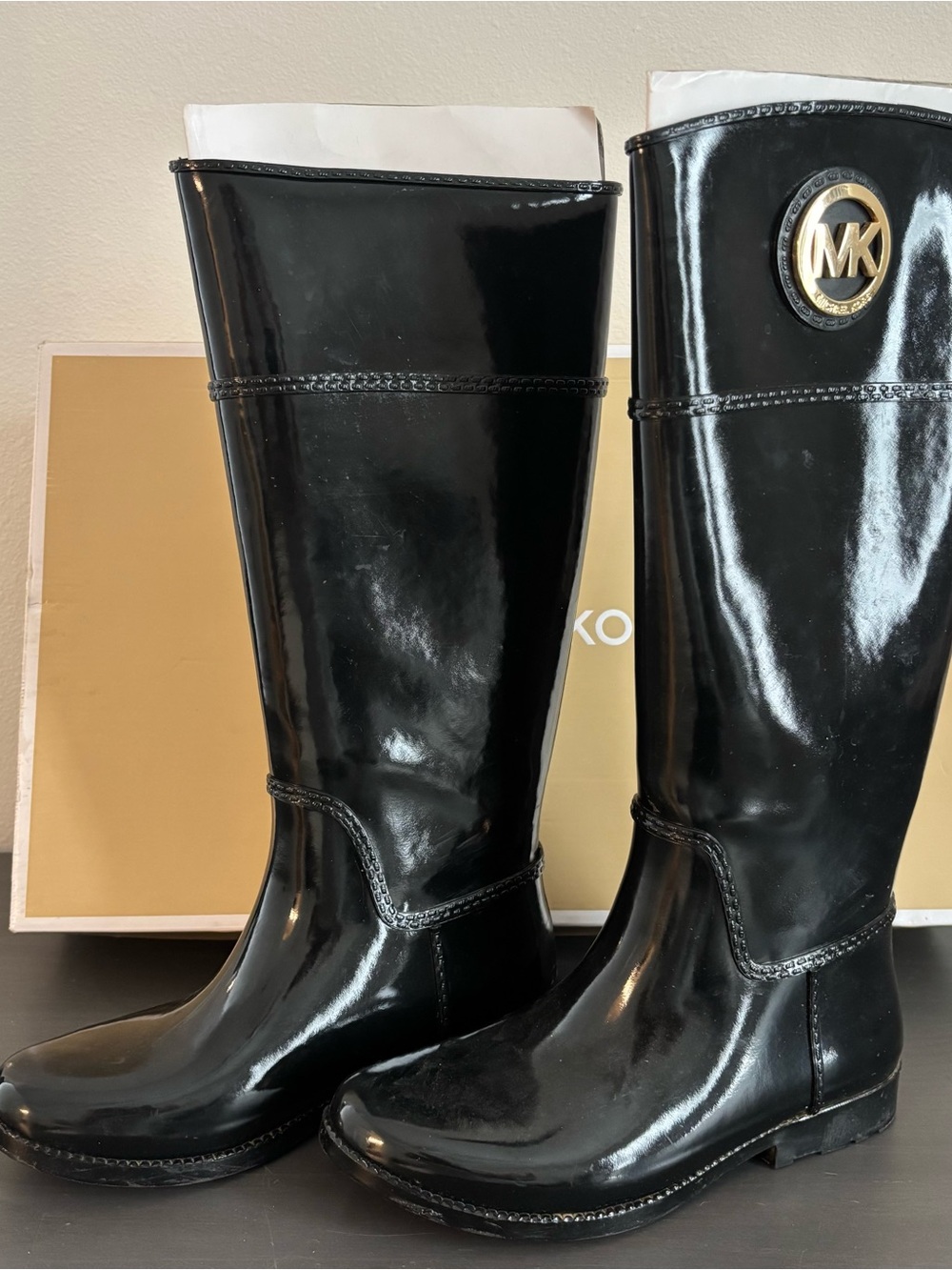 Michael Kors Black Patent Tall Rain Boots with Gold MK Emblem